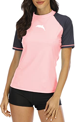Halcurt Damen Kurzarm-Badehemden SPF 50 Rash Guard Badeanzug Top Pink L von Halcurt