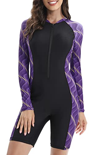 Halcurt Damen Langarm Badeanzug Schwimmanzug Surf UV Shirt UPF 50+ Reißverschluss Schutzkleidung Rashguard XL von Halcurt