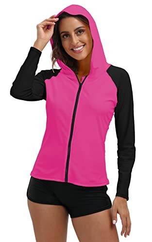 Halcurt Damen Langarm Rashguard Badeanzug LSF 50+ Sonnenschutz schnell trocknend Badeanzug Top, Neonrot/Schwarz, S von Halcurt