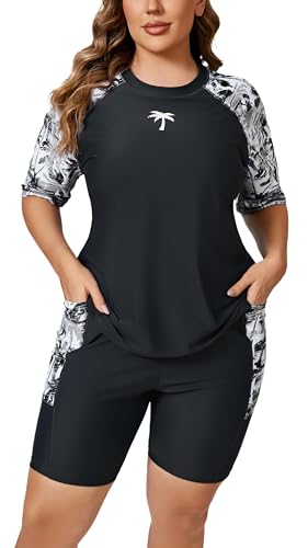 Halcurt Damen Plus Integrierter BH Rashguard Zweiteiliges Schwimmshirt und Taschen Boyleg Shorts, Grau + weiße Handfläche, XXL Große Größen Halcurt Damen Plus Integrierter BH Rashguard Zweiteiliges Schwimmshirt und Taschen Boyleg Shorts, Grau + weiße Handfläche, XXL Große Größen von Halcurt
