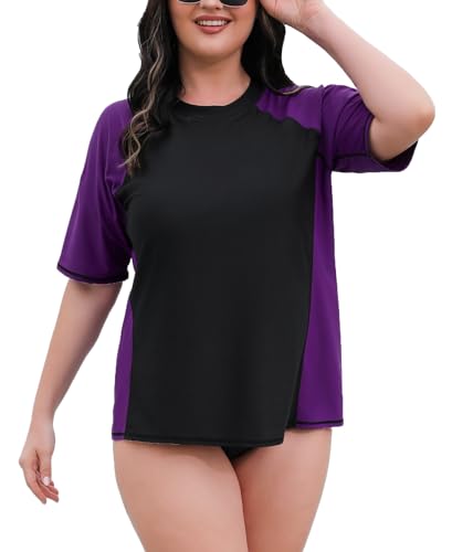 Halcurt Damen Rash Guard Übergröße UV Shirt Kurzarm mit BH UPF 50+ Sonnenschutz Badeshirt Schwimmshirt Schnell Trocknender Bademode 2X von Halcurt