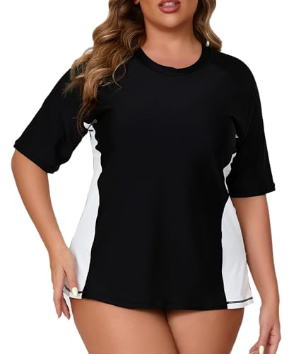 Halcurt Damen Rash Guard Übergröße UV Shirt Kurzarm mit BH UPF 50+ Sonnenschutz Schwimmshirt Schnell Trocknender Badeshirt Bademode 4X von Halcurt