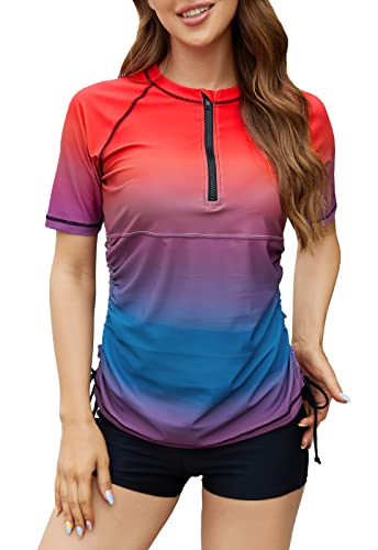 Halcurt Damen Rash Guard UPF 50+ UV Schutz Kurzarm 1/4 Zip Badeshirt Bademode Schnell Trocknender Swimsuit Tankini L von Halcurt