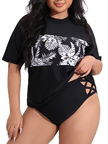 Halcurt Damen Rash Guard UV Schutz UPF 50+ Kurzarm Badeshirt Bademode Schnell Trocknender Swimsuit Große Größen 2X von Halcurt