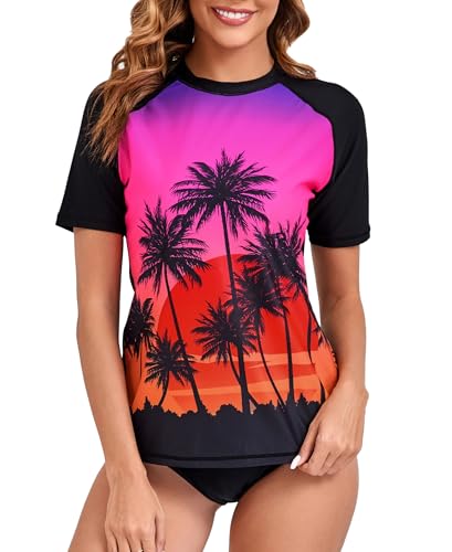 Halcurt Damen Rash Guard UV Shirt Kurzarm UPF 50+ UV Schutz Schwimmshirt Badeshirt Schnell Trocknender Bademode XXL von Halcurt