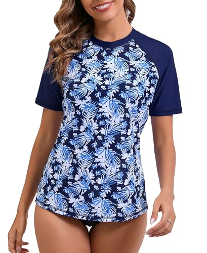 Halcurt Damen Rash Guard mit BH Kurzarm UV Shirt Sonnenschutz UPF 50+ Schwimmshirt Schnell Trocknender Bademode Badeshirt L von Halcurt