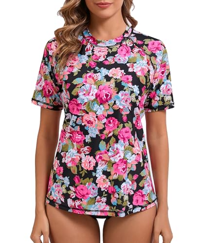 Halcurt Damen Rash Guard mit BH Kurzarm UV Shirt Sonnenschutz UPF 50+ Schwimmshirt Schnell Trocknender Bademode Badeshirt M von Halcurt