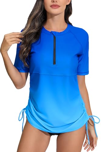 Halcurt Damen Rashguard-Shirt mit halbem Reißverschluss, gerüscht, UPF 50, Badeanzug-Top, Surf-Hemden, Ombré-Hellblau, Medium von Halcurt