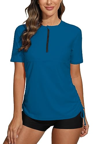 Halcurt Damen Rashguard Shirt mit halbem Reißverschluss und gerüschtem UPF 50 Badeanzug Top Surf Shirts, blau - peacock blue, Medium von Halcurt