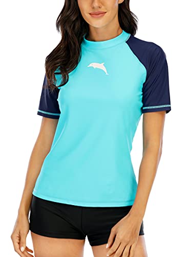 Halcurt Damen Rashguard UV Shirt, Athletic Swim Shirt,Kurzarm Badeshirt Badenmode Tankini Himmelblau XXL von Halcurt