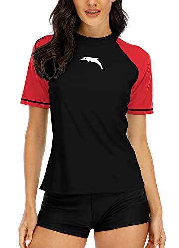 Halcurt Damen Rashguard UV Shirt, Athletic Swim Shirt,Kurzarm Badeshirt Badenmode Tankini Schwarz L von Halcurt