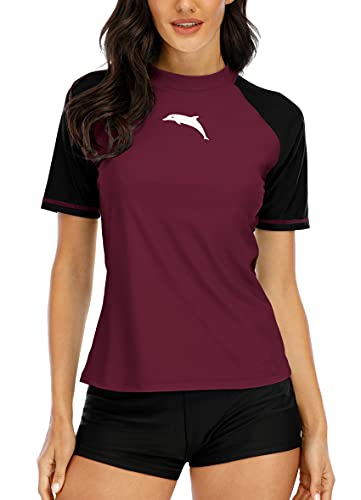 Halcurt Damen Rashguard UV Shirt, Athletic Swim Shirt,Kurzarm Badeshirt Badenmode Tankini Fuchsie M von Halcurt