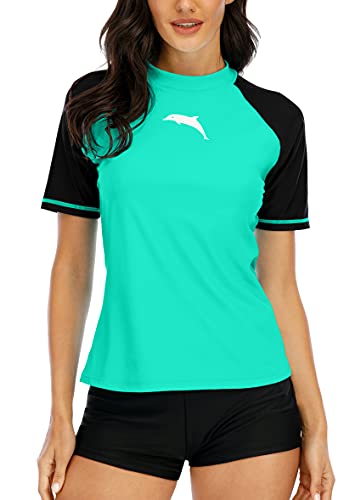 Halcurt Damen Rashguard UV Shirt, Athletic Swim Shirt,Kurzarm Badeshirt Badenmode Tankini Lake Green L von Halcurt