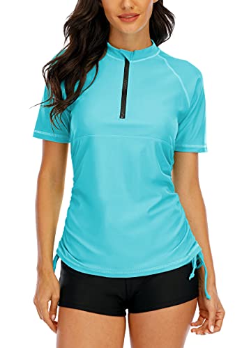 Halcurt Damen Rashguard V-Ausschnitt Reißverschluss Sonnenschutz UV Surf Tops Kurzarm Badeshirt Strandkleidung von Halcurt