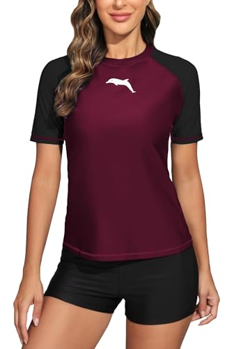 Halcurt Damen Rashguard mit halbem Reißverschluss, kurzärmelig, mit Taschen, LSF 50+, Badeanzug-Oberteil, Burgunder, XX-Large von Halcurt