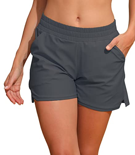 Halcurt Damen Swim Boardshorts Pocket Bademode Shorts V-Slit Beachwear Unterteile Grau Groß von Halcurt