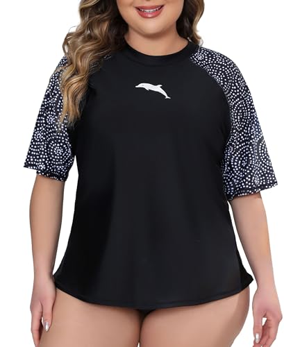 Halcurt Damen UV Shirt Übergröße Rash Guard Kurzarm mit BH UPF 50+ Sonnenschutz Badeshirt Schwimmshirt Schnell Trocknender Bademode 3X von Halcurt