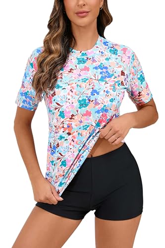 Halcurt Integrierter Damen-BH, Rashguard, UPF 50, zweiteiliger Badeanzug, Shirt und Boardshorts, Mehrfarbiges Oberteil mit Blumenmuster und gepolstertem Oberteil, XL von Halcurt