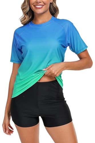 Halcurt Integrierter Damen-BH, Rashguard, UPF 50, zweiteiliger Badeanzug, Shirt und Boardshorts, Ombré-Blau, Türkis, Large von Halcurt