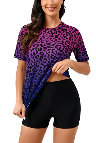 Halcurt Integrierter Damen-BH, Rashguard, UPF 50, zweiteiliger Badeanzug, Shirt und Boardshorts, Ombré-Leopardenmuster, Large von Halcurt