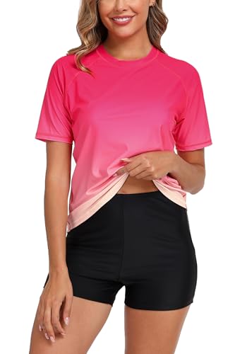 Halcurt Integrierter Damen-BH, Rashguard, UPF 50, zweiteiliger Badeanzug, Shirt und Boardshorts, Ombré Pink Orange, Medium von Halcurt