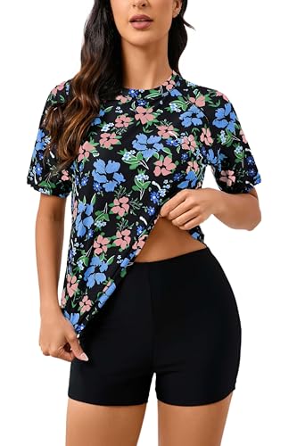 Halcurt Integrierter Damen-BH, Rashguard, UPF 50, zweiteiliger Badeanzug, Shirt und Boardshorts, Schwarz Blumenmuster, XL von Halcurt