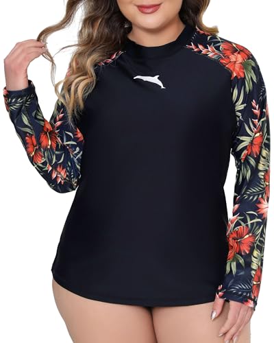 Halcurt Langärmeliges Damen-Badeoberteil mit LSF 50+, Sonnenschutz, lockere Passform, schnell trocknender Badeanzug, Schwarz/Rot mit Blumenmuster, 4x von Halcurt