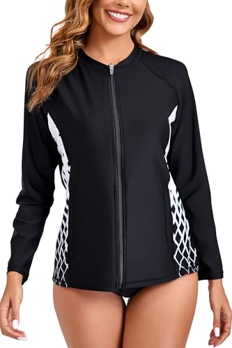 Halcurt Langärmeliges Rashguard-Badeoberteil für Damen mit durchgehendem Reißverschluss, mit Taschen, LSF 50+, schnell trocknender Badeanzug, Schwarz/Weiß kariert, XX-Large von Halcurt