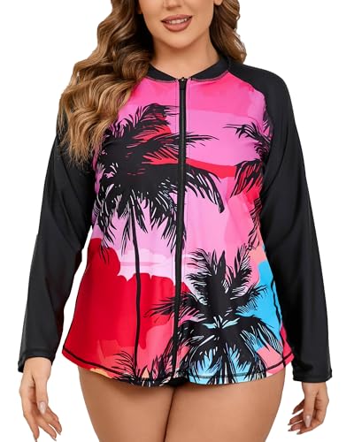 Halcurt Langärmeliges Rashguard-Shirt für Damen, Übergröße, durchgehender Reißverschluss, LSF 50+, lockere Passform, schnell trocknender Badeanzug, Hot Pink/Schwarz Palmenblätter, 1x von Halcurt