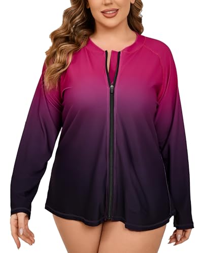 Halcurt Langärmeliges Rashguard-Shirt für Damen, Übergröße, durchgehender Reißverschluss, LSF 50+, lockere Passform, schnell trocknender Badeanzug, Ombre Violett, 4x von Halcurt