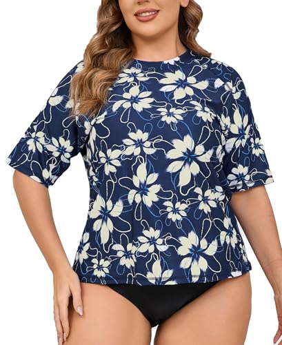 Halcurt Rash Guard Damen UV Shirt Kurzarm UPF 50+ Sonnenschutz Badeshirt Bademode Schnell Trocknender Schwimmshirt Große Größen 3X von Halcurt