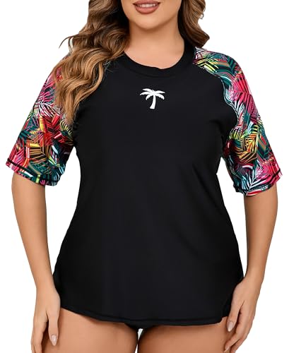 Halcurt Schwimmshirt Damen Große Größen Kurzarm mit BH UV Shirt Rash Guard UPF 50+ Sonnenschutz Schnell Trocknender Badeshirt Bademode 2X von Halcurt