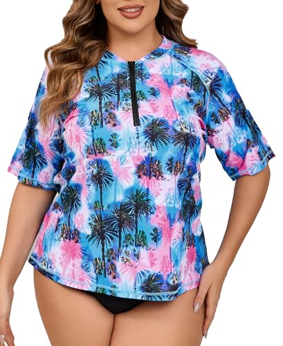 Halcurt Schwimmshirt Damen Große Größen Rash Guard Kurzarm 1/4 Zip UV Shirt UPF 50+ Badeshirt Schnell Trocknender Bademode 2X von Halcurt