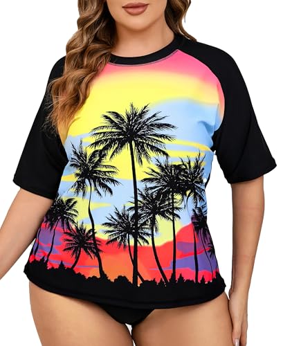 Halcurt Schwimmshirt Damen Große Größen Rash Guard Kurzarm UV Shirt UPF 50+ Sonnenschutz Badeshirt Bademode Schnell Trocknender 4X von Halcurt
