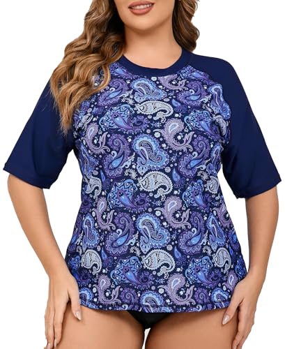 Halcurt Schwimmshirt Damen Große Größen Rash Guard Kurzarm mit BH UPF 50+ UV Shirt Sonnenschutz Schnell Trocknender Badeshirt 2X von Halcurt