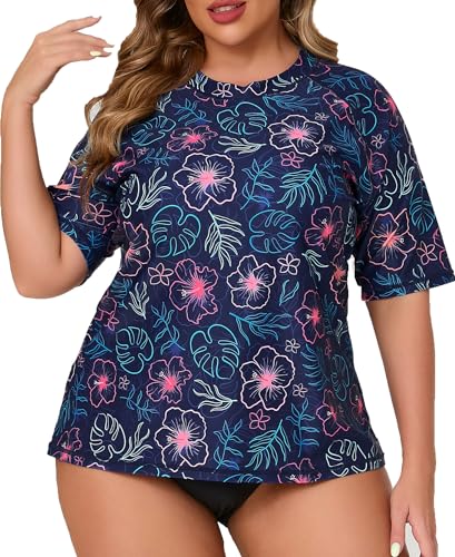 Halcurt Schwimmshirt Damen Übergröße Kurzarm mit BH UV Shirt Rash Guard UPF 50+ Sonnenschutz Schwimmshirt Schnell Trocknender Badeshirt Bademode 2X von Halcurt