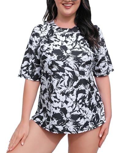 Halcurt Schwimmshirt Damen Übergröße Kurzarm mit BH UV Shirt UPF 50+ Rash Guard Schnell Trocknender Badeshirt 4X von Halcurt