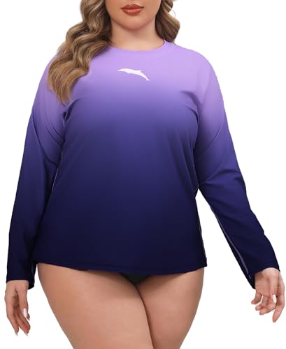 Halcurt Schwimmshirt Damen Übergröße Langarm Rash Guard UPF 50+ Sonnenschutz Badeshirt UV Shirt Schnell Trocknender Bademode 2X von Halcurt