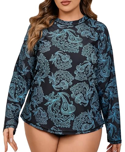Halcurt Schwimmshirt Damen Übergröße Langarm Rash Guard UV Shirt UPF 50+ Sonnenschutz Badeshirt Schnell Trocknender Bademode 2X von Halcurt