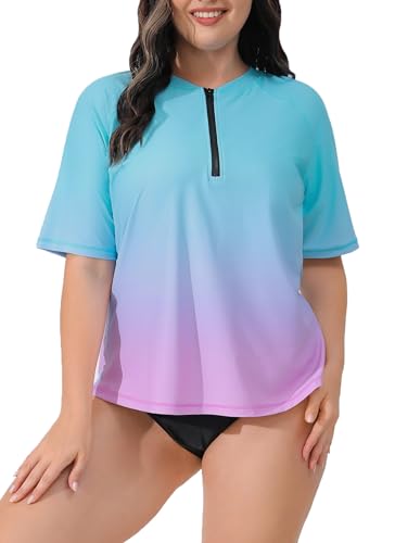 Halcurt Schwimmshirt Damen Übergröße Rash Guard Kurzarm 1/4 Zip UV Shirt UPF 50+ Badeshirt Schnell Trocknender Bademode 3X von Halcurt