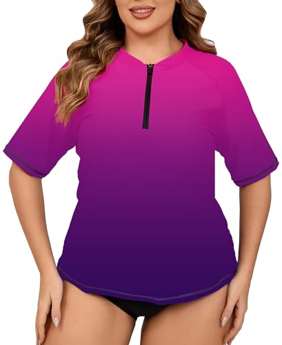 Halcurt Schwimmshirt Damen Übergröße Rash Guard Kurzarm 1/4 Zip UV Shirt UPF 50+ Badeshirt Schnell Trocknender Bademode Große Größen 3X von Halcurt