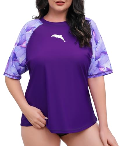 Halcurt Schwimmshirt Damen Übergröße Rash Guard Kurzarm UPF 50+ UV Shirt Schnell Trocknender Badeshirt Bademode 2X von Halcurt