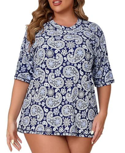 Halcurt Schwimmshirt Damen Übergröße Rash Guard Kurzarm mit BH UPF 50+ UV Shirt Sonnenschutz Schwimmshirt Schnell Trocknender Badeshirt Bademode 3X von Halcurt