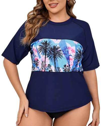 Halcurt Schwimmshirt Damen Übergröße Rash Guard UV Shirt Kurzarm UPF 50+ Sonnenschutz UV Badeshirt Schnell Trocknender Bademode 1X von Halcurt