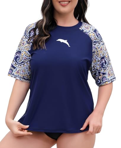 Halcurt Schwimmshirt Damen Übergröße UV Shirt Kurzarm Rash Guard UPF 50+ UV Schutz Badeshirt Schnell Trocknender Bademode 1X von Halcurt