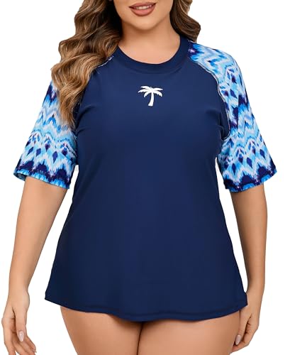 Halcurt Schwimmshirt Damen mit BH Übergröße Kurzarm UV Shirt UPF 50+ Rash Guard Schnell Trocknender Badeshirt Bademode 4X von Halcurt
