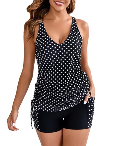 Halcurt Tankini Damen Bauchweg Bademode Set Zweiteilig Badeanzug mit BH V-Ausschnitt Badeanzüge für Damen Tankini Oberteil mit Badeshorts M von Halcurt