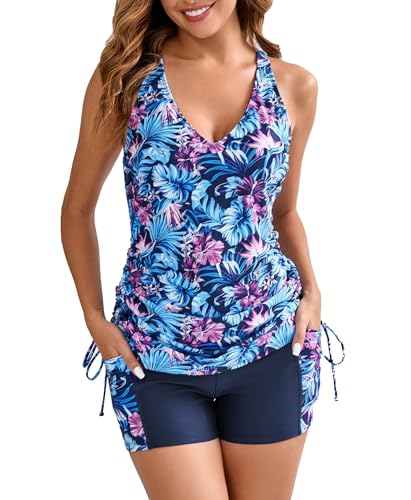 Halcurt Tankini Damen Bauchweg Bademode Set mit BH Zweiteilig Badeanzug V-Ausschnitt Badeanzüge Damen Tankini Oberteil mit Badeshorts XL von Halcurt