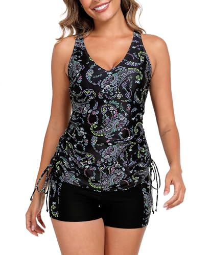 Halcurt Tankini Damen Bauchweg Bademode Set mit BH Zweiteilig Badeanzug V-Ausschnitt Badeanzüge Tankini Oberteil mit Badeshorts L von Halcurt