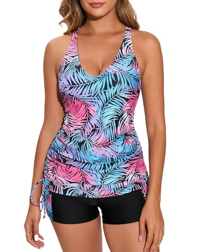 Halcurt Tankini Damen Set mit BH Zweiteilig Badeanzug Bauchweg V-Ausschnitt Badeanzüge Tankini Oberteil mit Badeshorts XXL von Halcurt